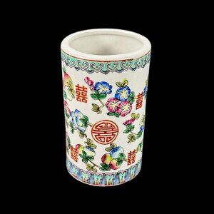 Antique VTG Chinese Porcelain Famille Verte Rose Brush Pot Vase 3.25 x 5 in H